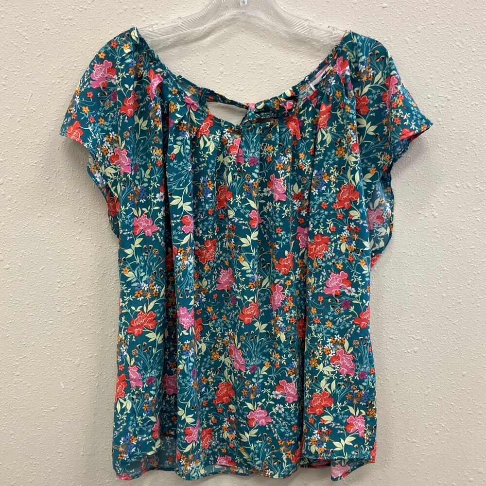 LC Lauren Conrad Teal Floral Short-Sleeve Blouse